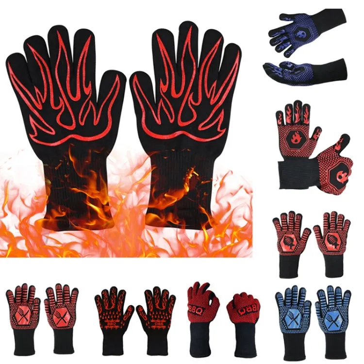 1 Pair High Temperature Resistant Silicone BBQ Gloves  Anti-Scalding Gloves(Big Flame Blue)