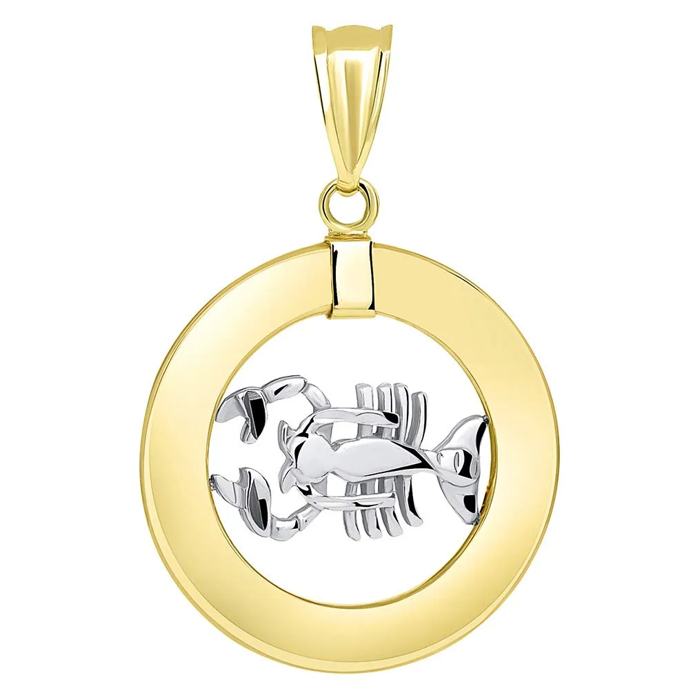 14k Gold Open Circle Cancer Zodiac Sign Pendant Figaro Necklace - Two-Tone Gold