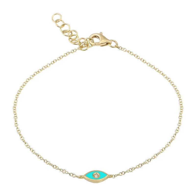 14K Gold Turquoise Enamel Diamond Evil Eye Bracelet