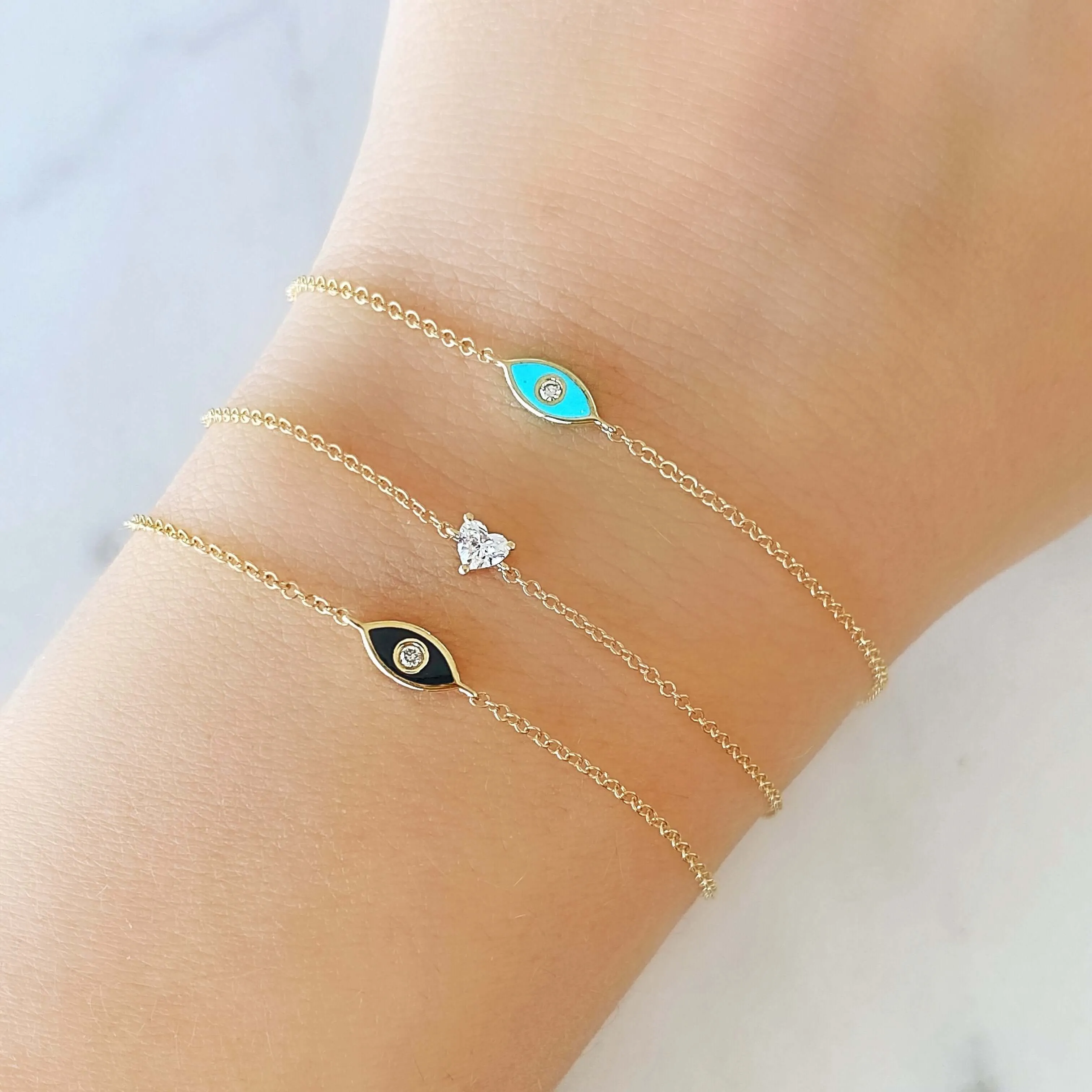 14K Gold Turquoise Enamel Diamond Evil Eye Bracelet