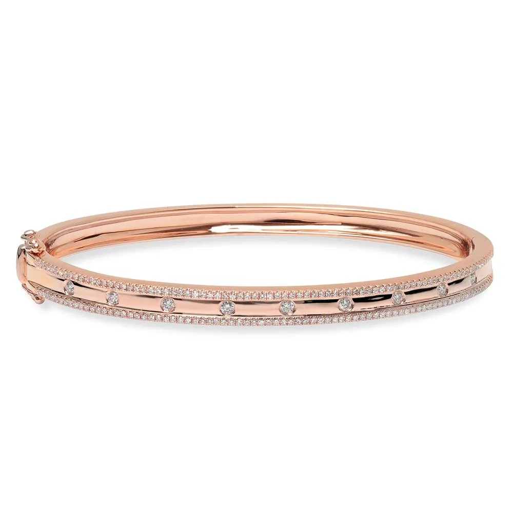 14K Rose Gold Diamond Border Hinged Bangle (Small)