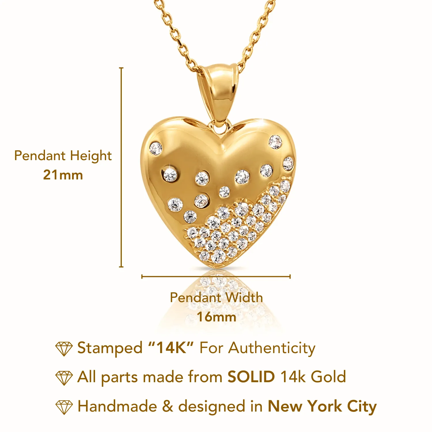 14K Solid Yellow Gold Heart Pendant, With 18" Cable Chain Necklace