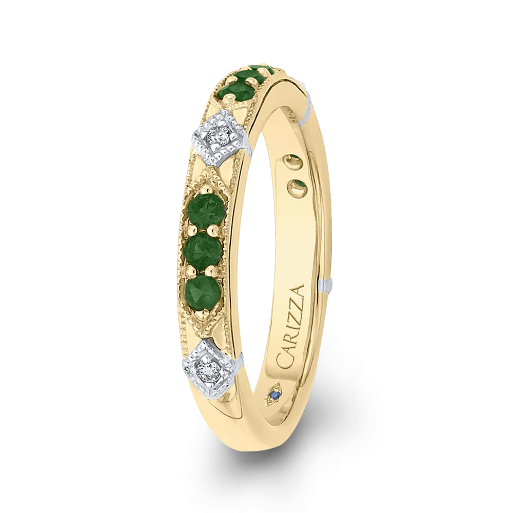 14K Two Tone Gold Round Diamond and Green Tsavorite Wedding Band