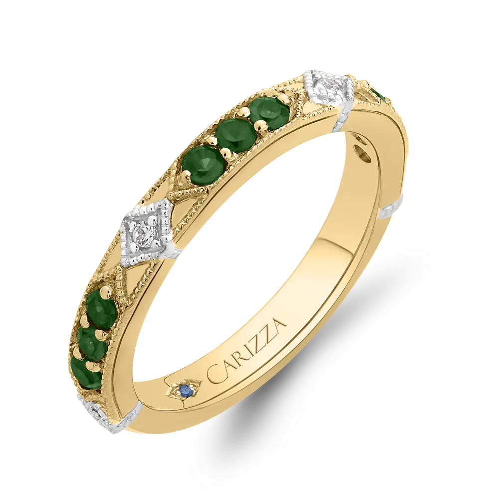 14K Two Tone Gold Round Diamond and Green Tsavorite Wedding Band