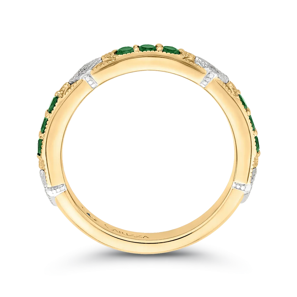 14K Two Tone Gold Round Diamond and Green Tsavorite Wedding Band