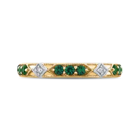 14K Two Tone Gold Round Diamond and Green Tsavorite Wedding Band