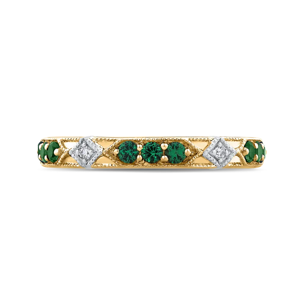 14K Two Tone Gold Round Diamond and Green Tsavorite Wedding Band