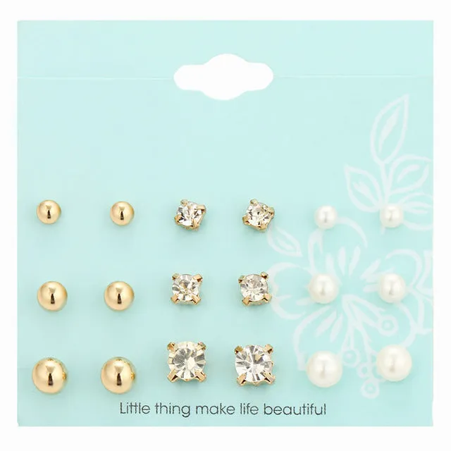 17KM New 9 Pairs/set Crystal Simulated Pearl Stud Earrings Piercing Gold Color Fashion Earrings For Women Bijoux Jewelry Brincos