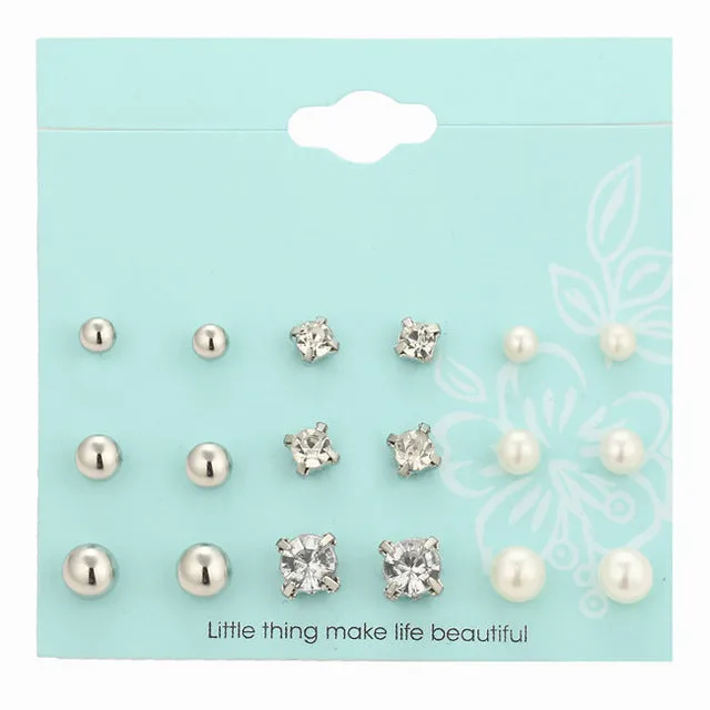 17KM New 9 Pairs/set Crystal Simulated Pearl Stud Earrings Piercing Gold Color Fashion Earrings For Women Bijoux Jewelry Brincos