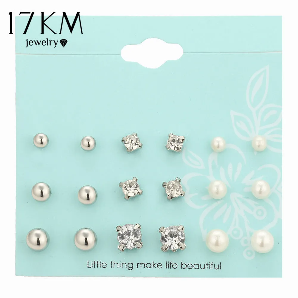 17KM New 9 Pairs/set Crystal Simulated Pearl Stud Earrings Piercing Gold Color Fashion Earrings For Women Bijoux Jewelry Brincos