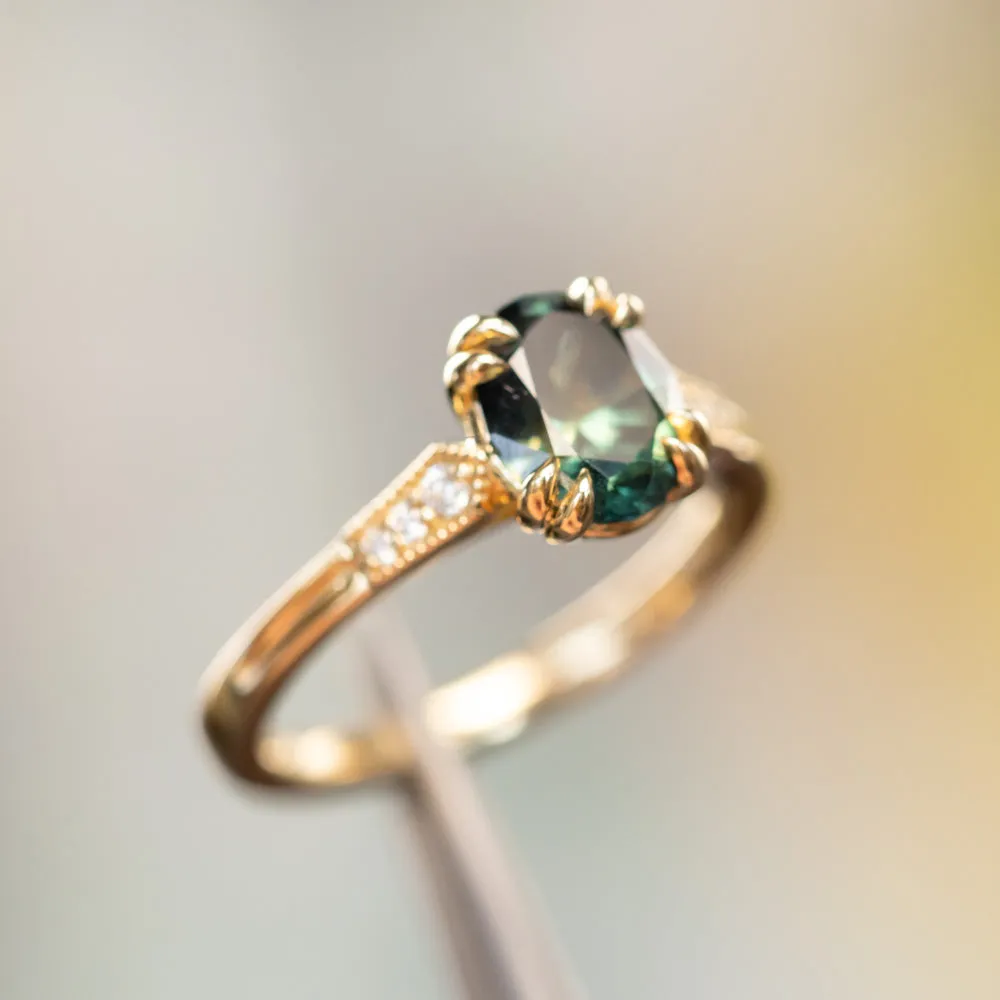1.85ct Untreated Oval Parti Nigerian Sapphire and Diamond Vintage Cathedral Four Prong Ring in 14k Yellow Gold