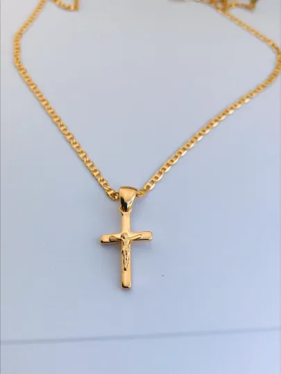 18K Gold Filled Cross Necklace, Mariner Link Chain, Flat Cross Pendants 19x11mm / Women's Cross Necklace / Cadena y Dije de Cruz Oro Laminado