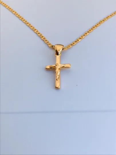 18K Gold Filled Cross Necklace, Mariner Link Chain, Flat Cross Pendants 19x11mm / Women's Cross Necklace / Cadena y Dije de Cruz Oro Laminado