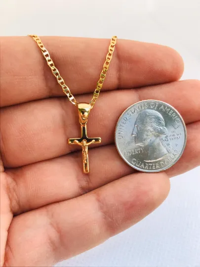 18K Gold Filled Cross Necklace, Mariner Link Chain, Flat Cross Pendants 19x11mm / Women's Cross Necklace / Cadena y Dije de Cruz Oro Laminado