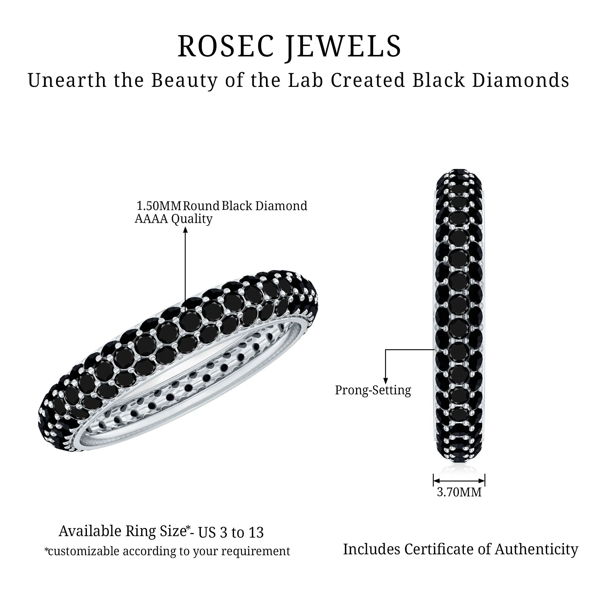 2 CT Lab Created Black Diamond Three Row Full Eternity Ring