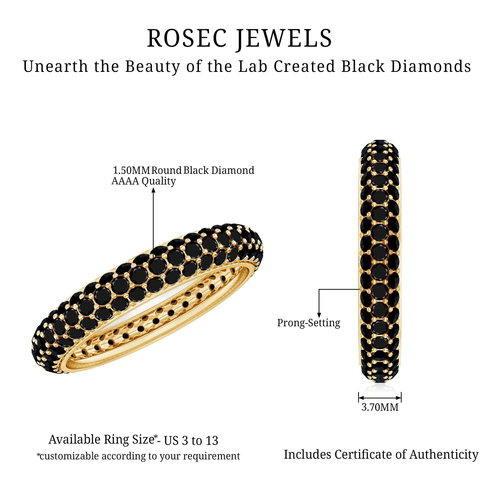 2 CT Lab Created Black Diamond Three Row Full Eternity Ring