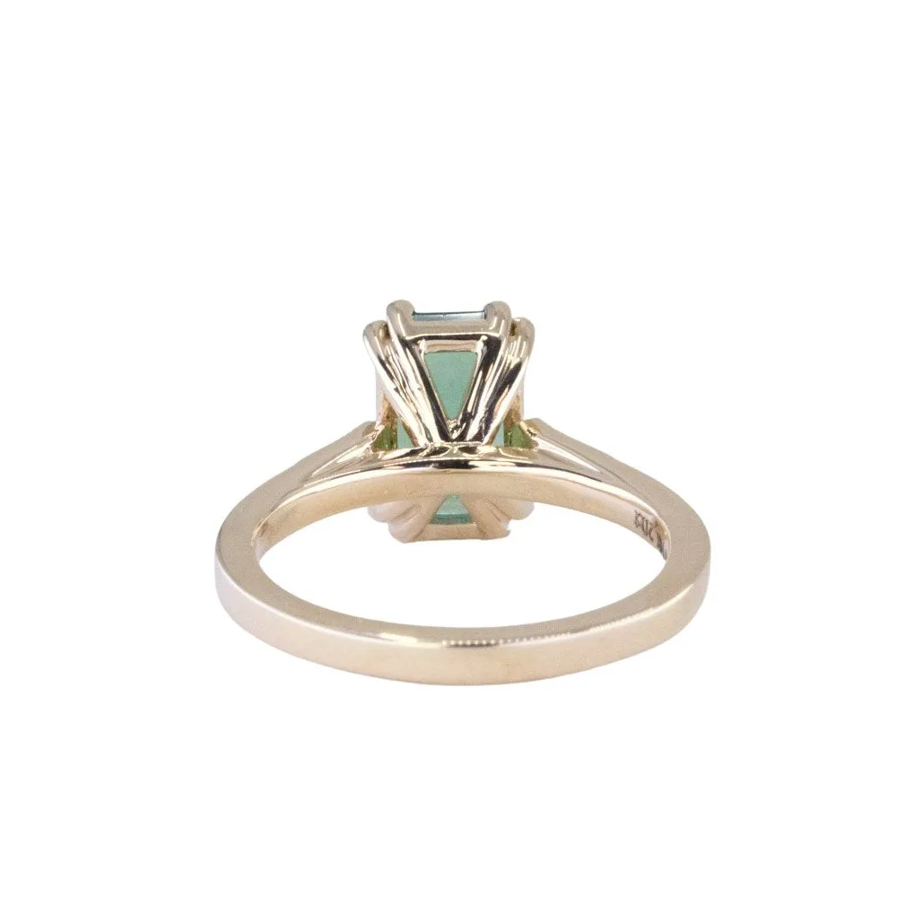 2.0ct Emerald Cut Green Tourmaline and Diamond Vintage Cathedral Double Prong Ring in 14k Yellow Gold