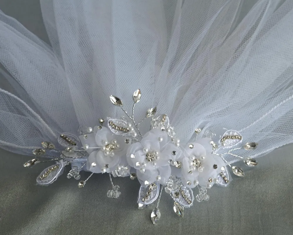 24" Veil - Organza flowers with crystals and rhinestones