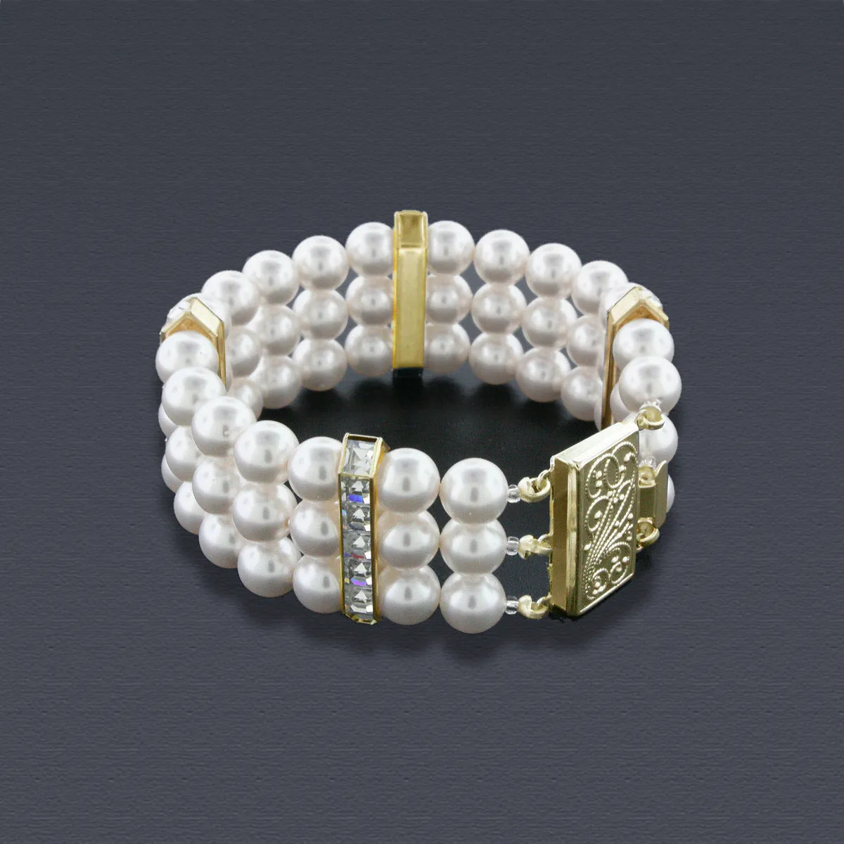 3 Row Pearl Bracelet with Princess Cut Crystals