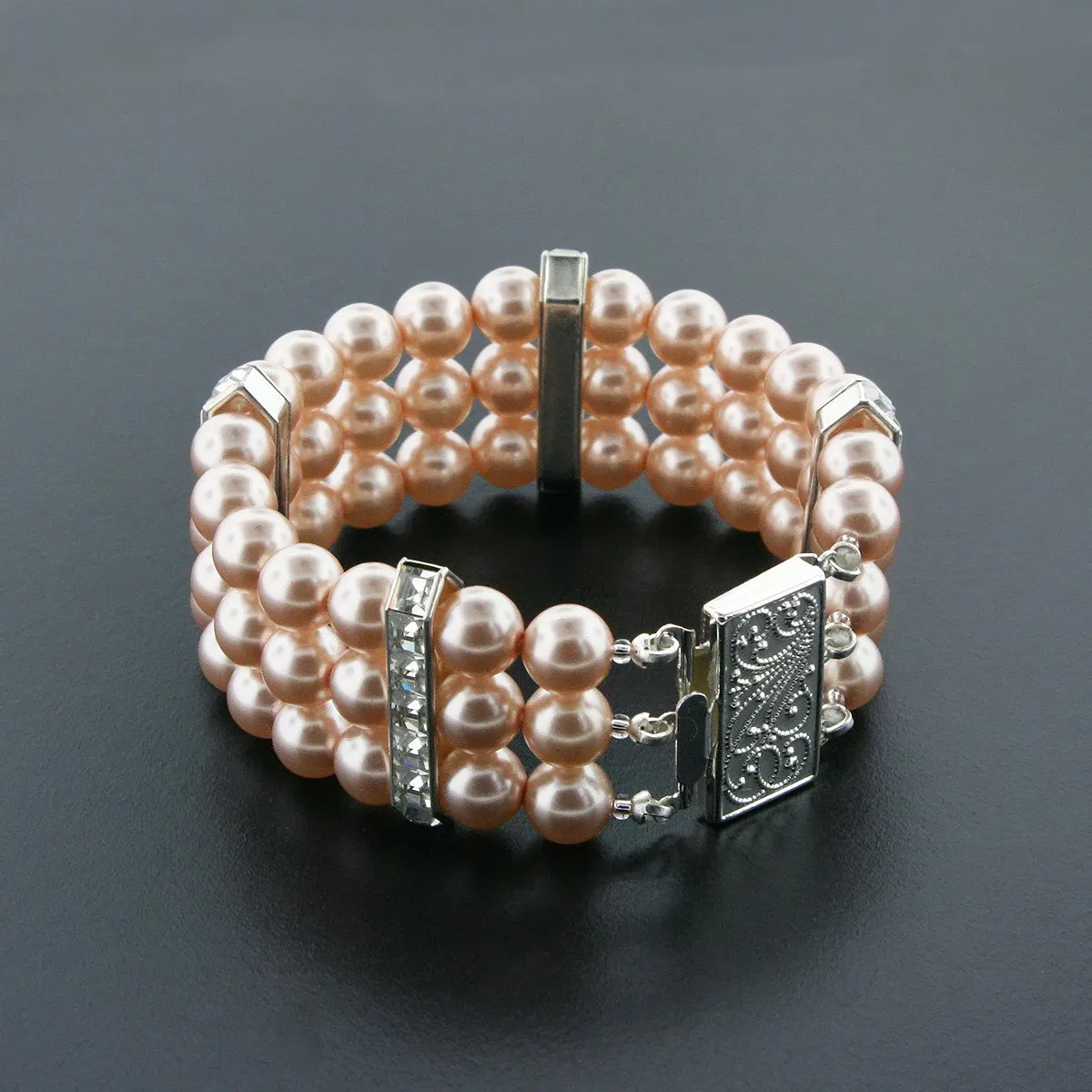 3 Row Pearl Bracelet with Princess Cut Crystals
