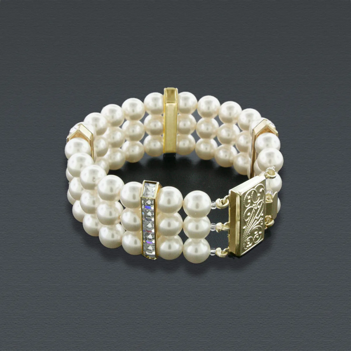 3 Row Pearl Bracelet with Princess Cut Crystals