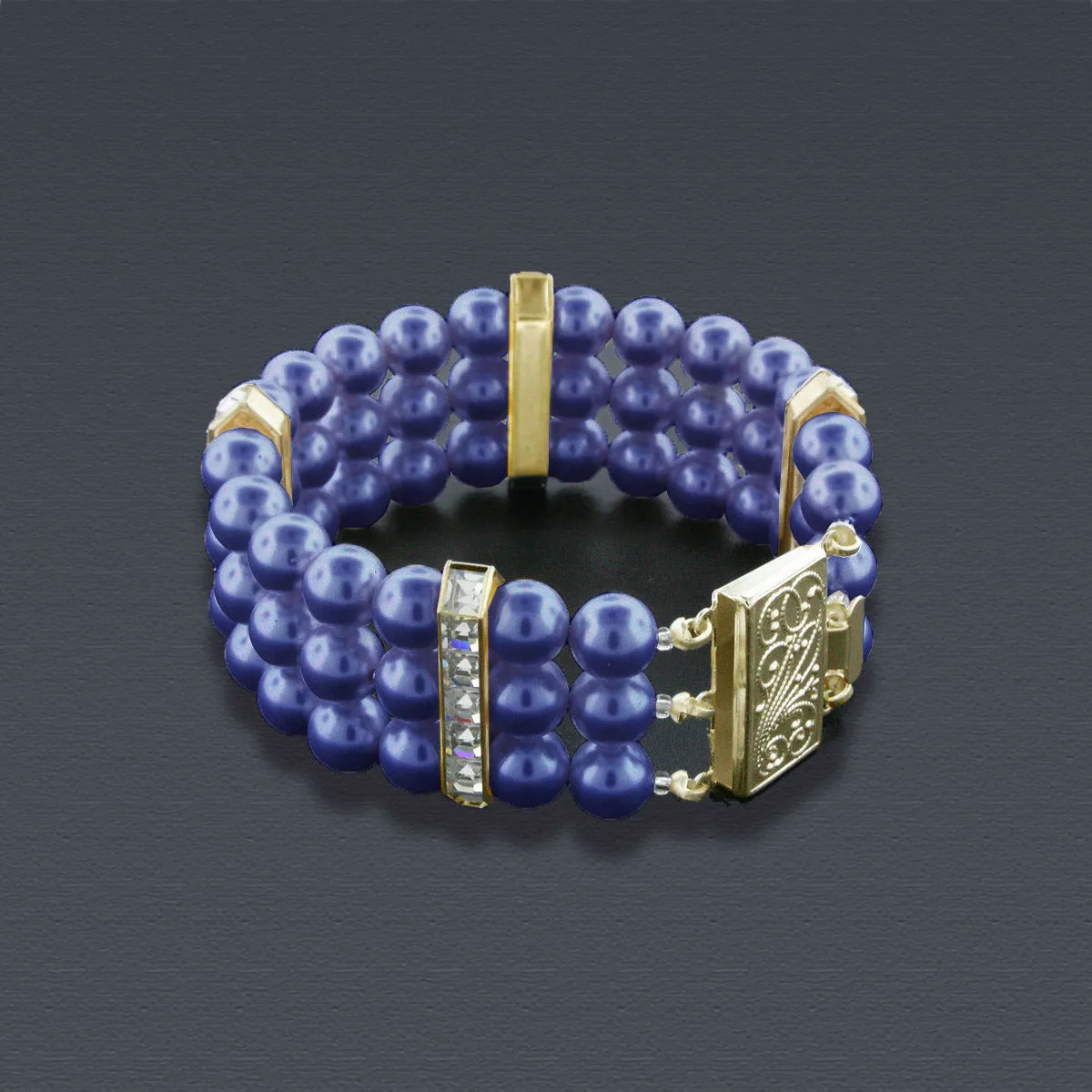 3 Row Pearl Bracelet with Princess Cut Crystals