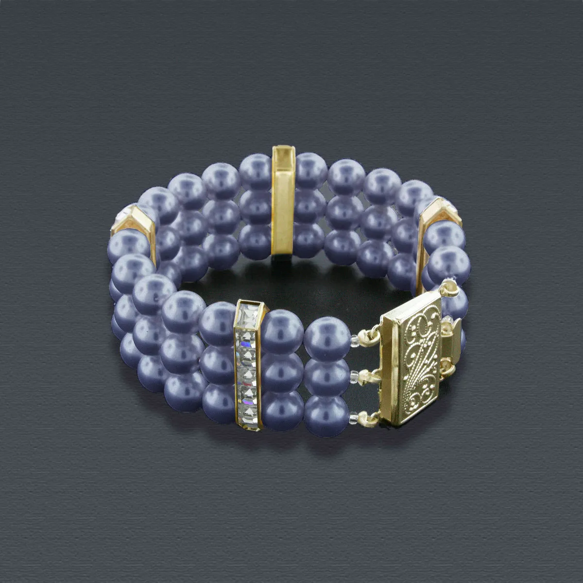 3 Row Pearl Bracelet with Princess Cut Crystals