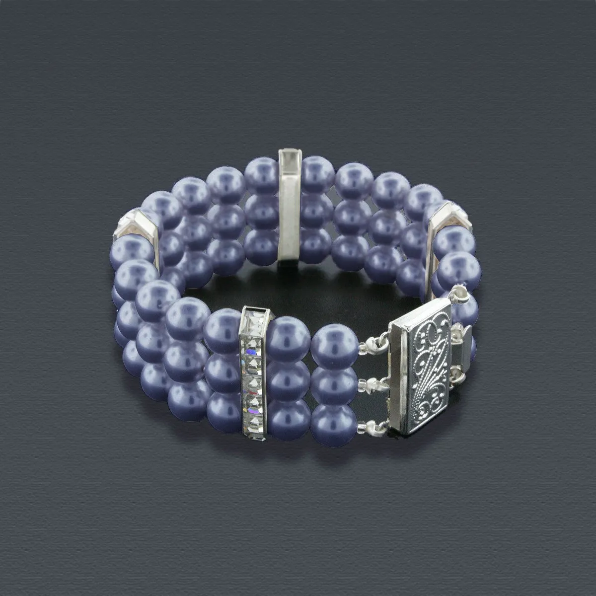 3 Row Pearl Bracelet with Princess Cut Crystals