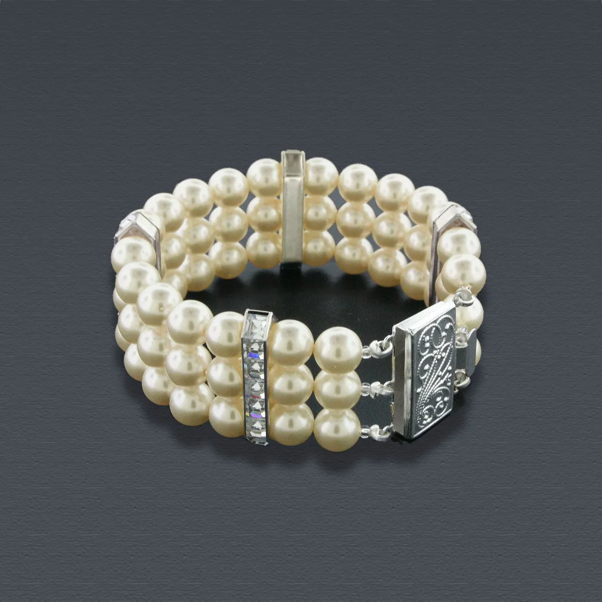 3 Row Pearl Bracelet with Princess Cut Crystals