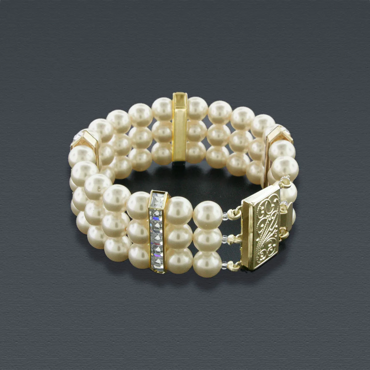 3 Row Pearl Bracelet with Princess Cut Crystals