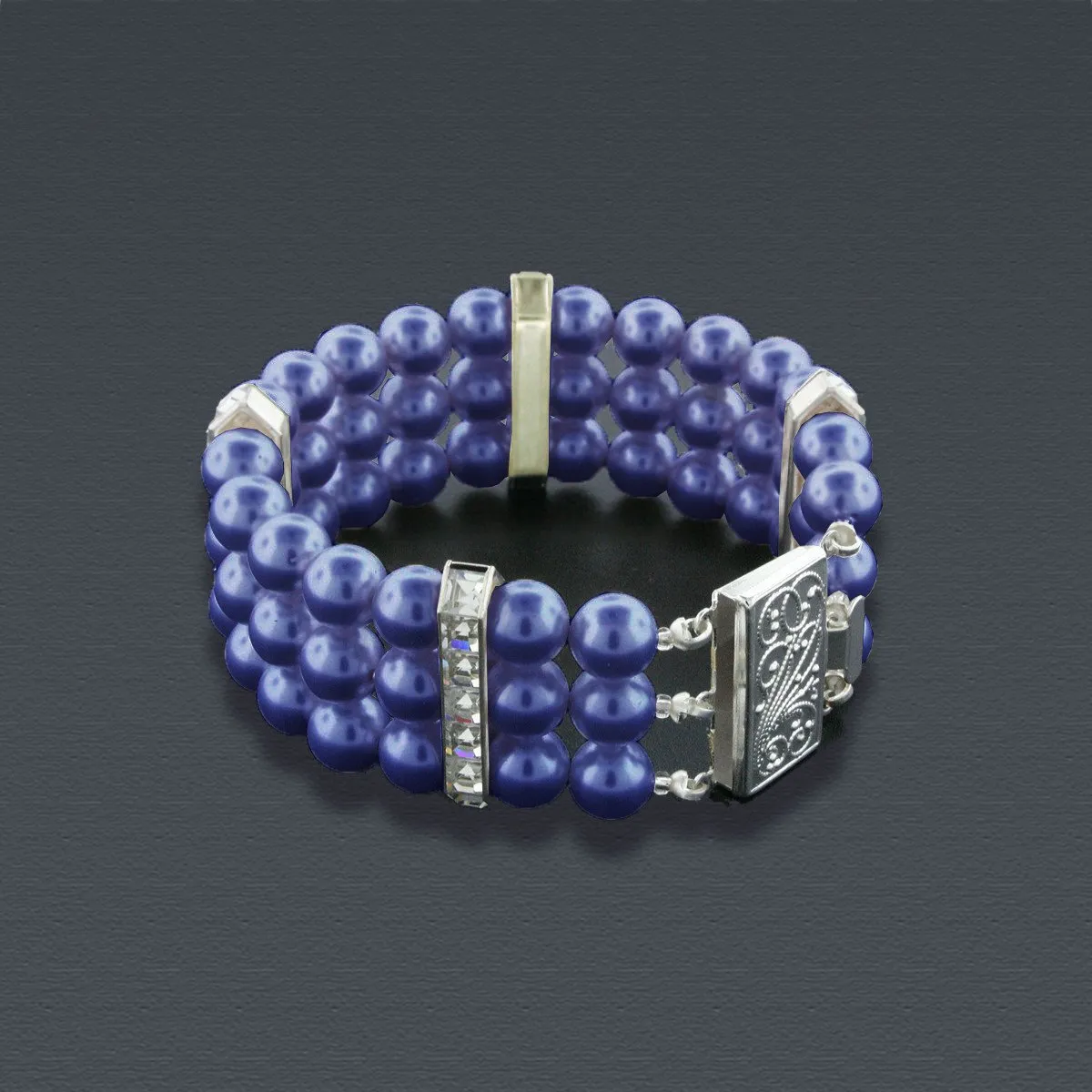 3 Row Pearl Bracelet with Princess Cut Crystals
