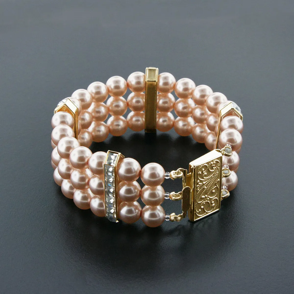 3 Row Pearl Bracelet with Princess Cut Crystals