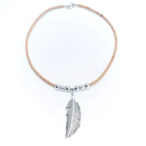 3mm round natural cork with feather pendant Handmade Cork Ne
