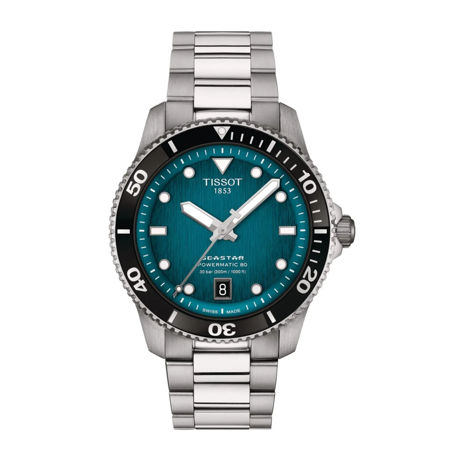 40MM TISSOT SEASTAR 1000 POWERMATIC 80 WATCH WITH TURQUOISE BLACK DATE DIAL