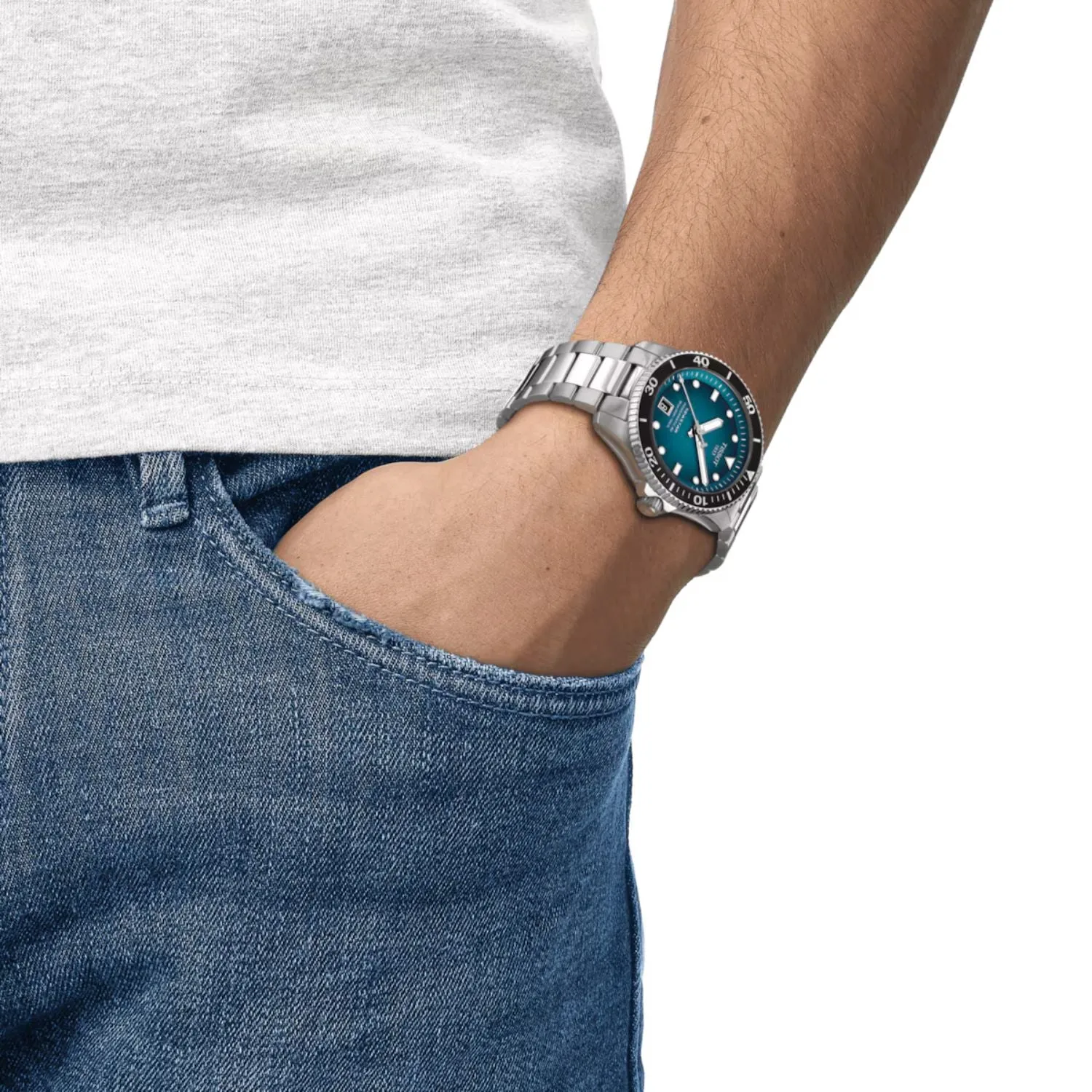40MM TISSOT SEASTAR 1000 POWERMATIC 80 WATCH WITH TURQUOISE BLACK DATE DIAL