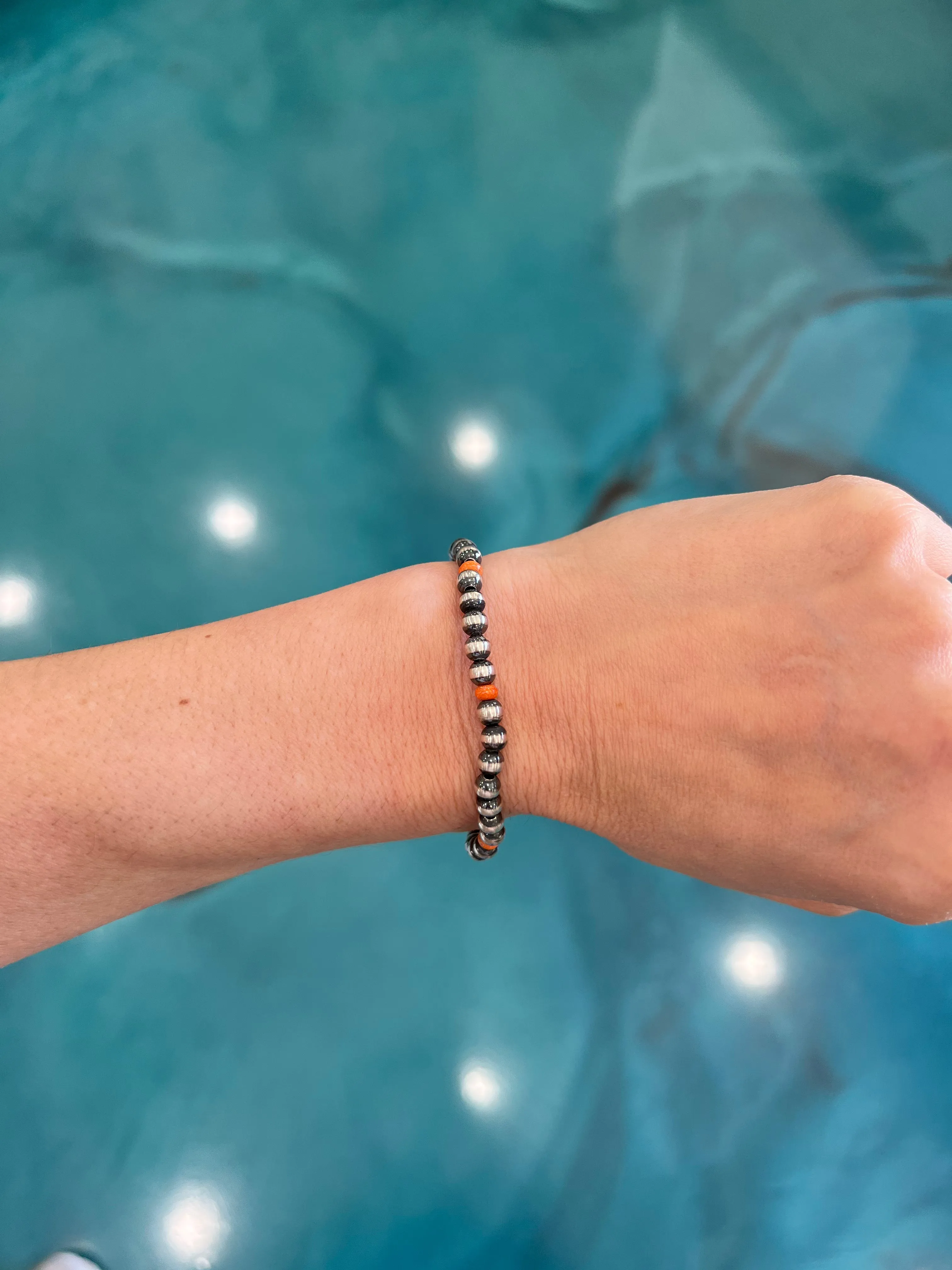 5 Navajo Pearl Stretch Bracelet - Orange Spiny Oyster