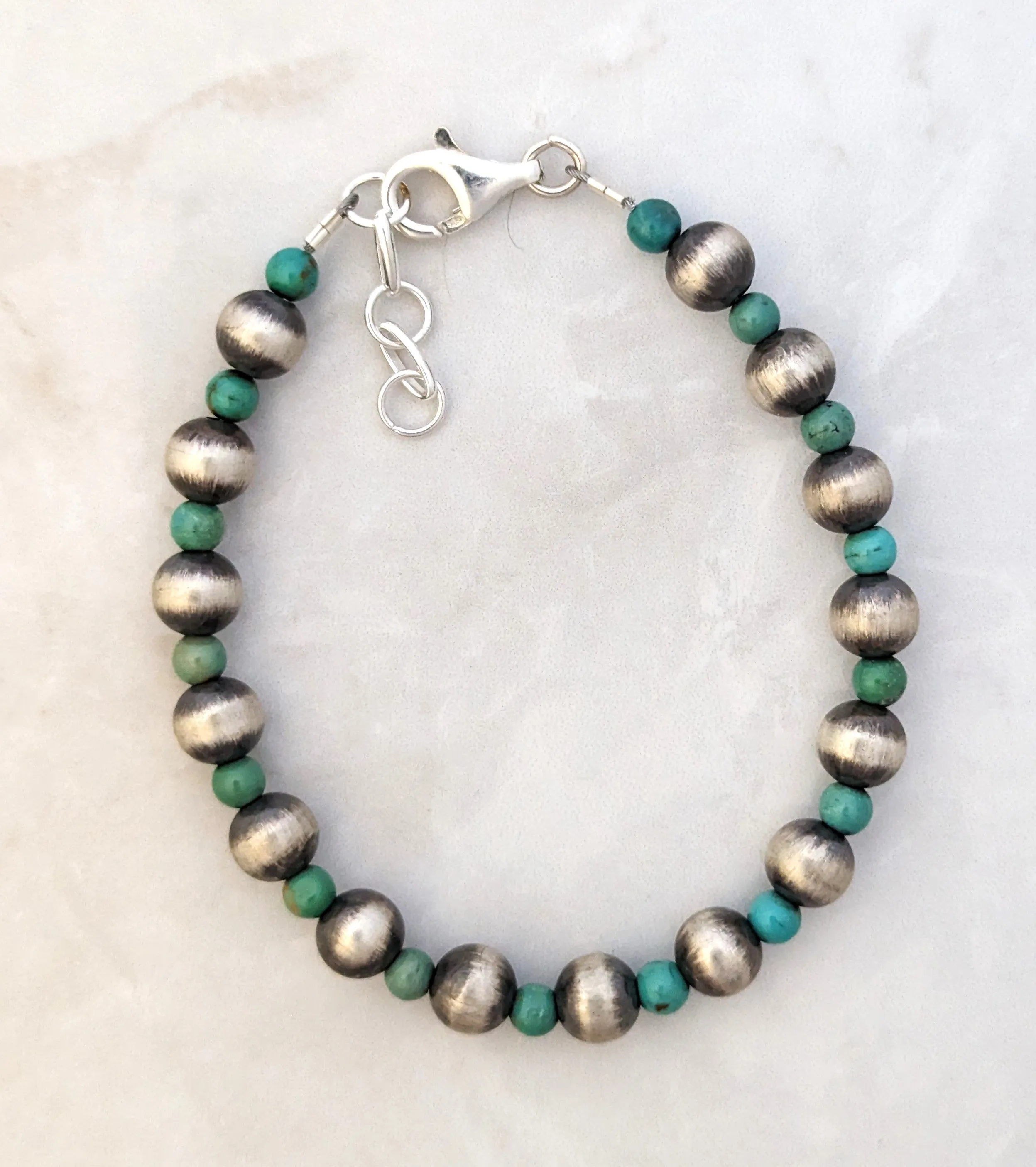 7mm Navajo Pearls & Green Turquoise Round Bead Bracelet Sterling Silver