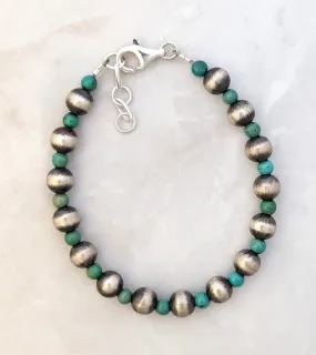 7mm Navajo Pearls & Green Turquoise Round Bead Bracelet Sterling Silver