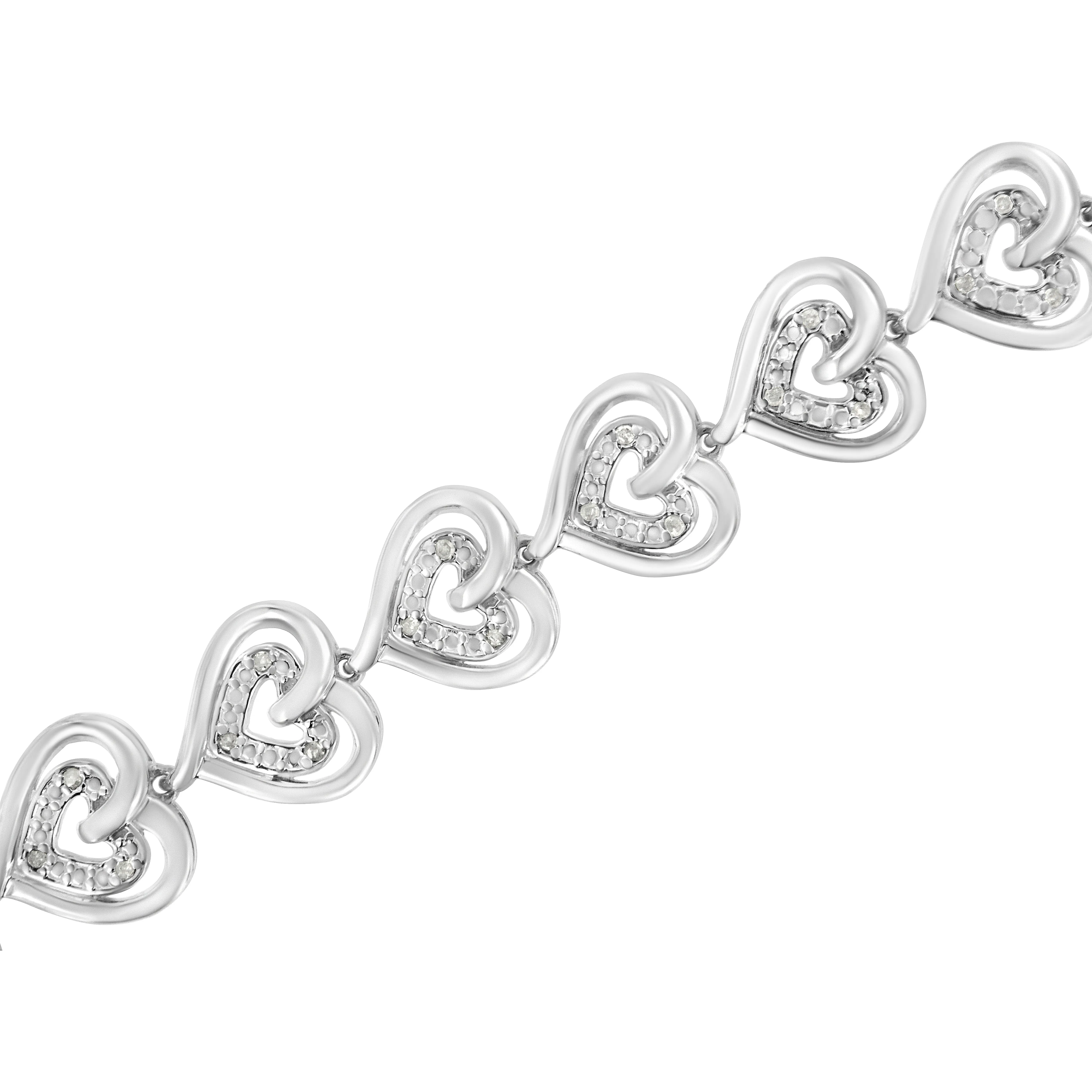 .925 Sterling Silver 1/4 Cttw Round-Cut Diamond Double Heart Link Bracelet