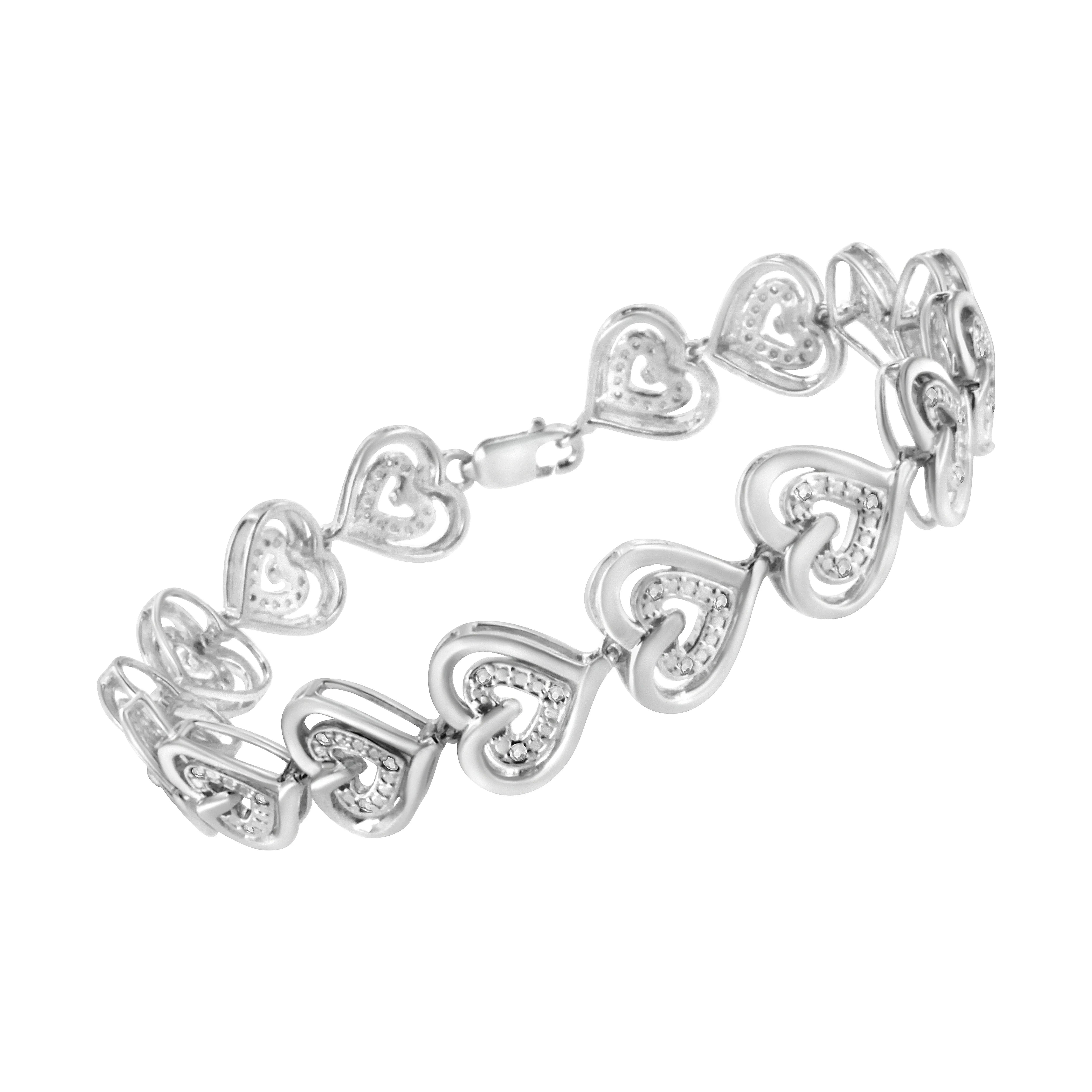 .925 Sterling Silver 1/4 Cttw Round-Cut Diamond Double Heart Link Bracelet