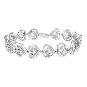 .925 Sterling Silver 1/4 Cttw Round-Cut Diamond Double Heart Link Bracelet
