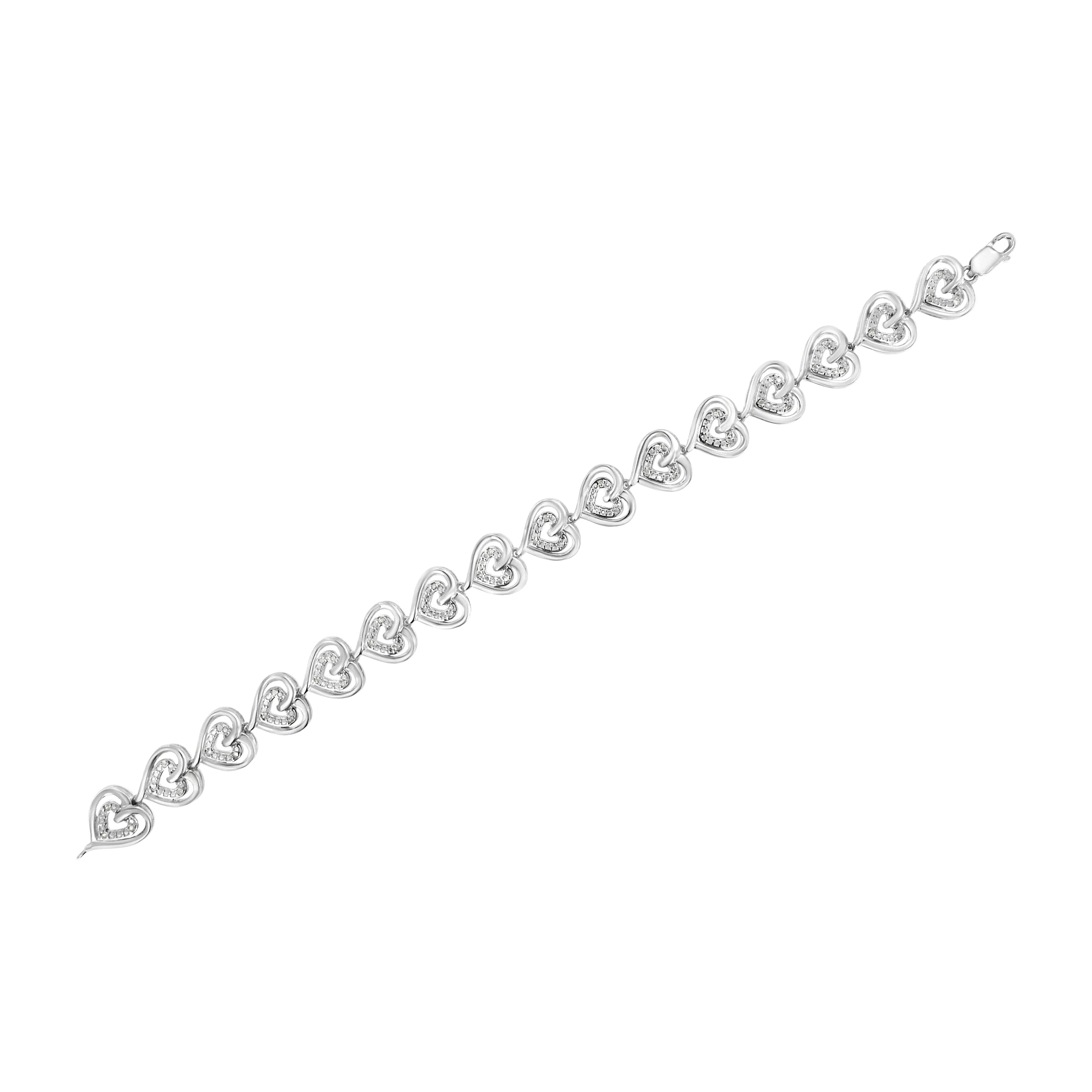 .925 Sterling Silver 1/4 Cttw Round-Cut Diamond Double Heart Link Bracelet