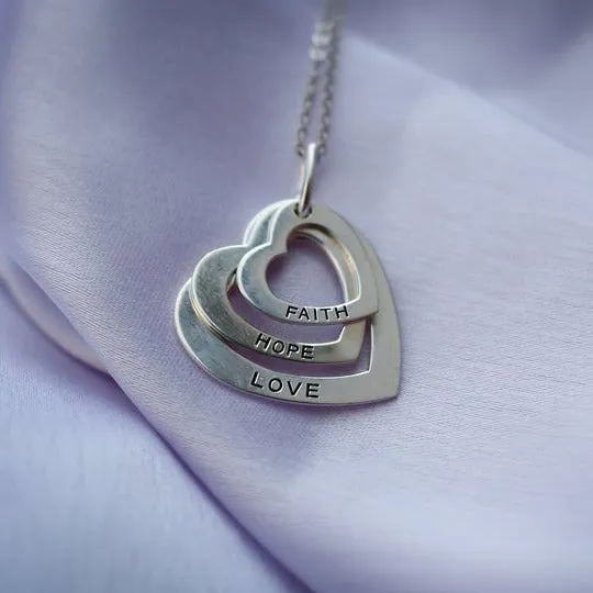 925 Sterling Silver Heart Necklace | Faith Love Home Necklace | 3 Heart Pendant Necklace