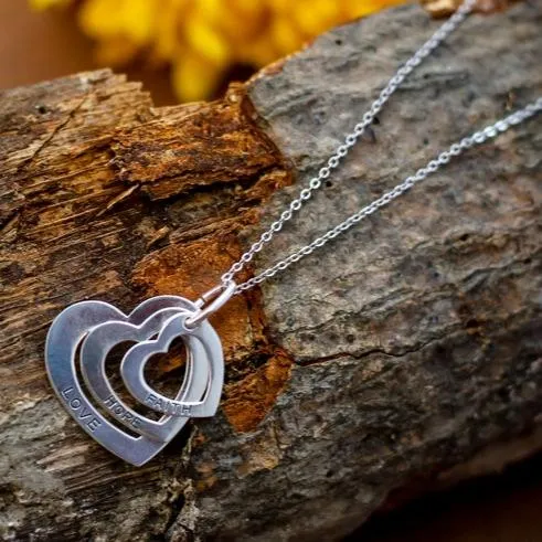 925 Sterling Silver Heart Necklace | Faith Love Home Necklace | 3 Heart Pendant Necklace