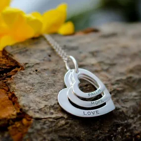925 Sterling Silver Heart Necklace | Faith Love Home Necklace | 3 Heart Pendant Necklace