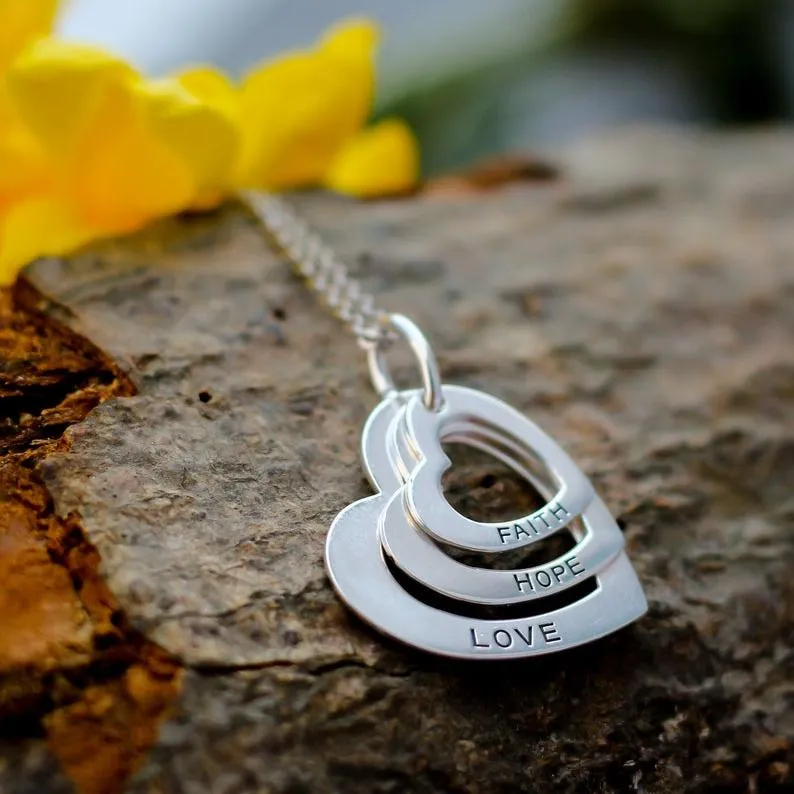 925 Sterling Silver Heart Necklace | Faith Love Home Necklace | 3 Heart Pendant Necklace