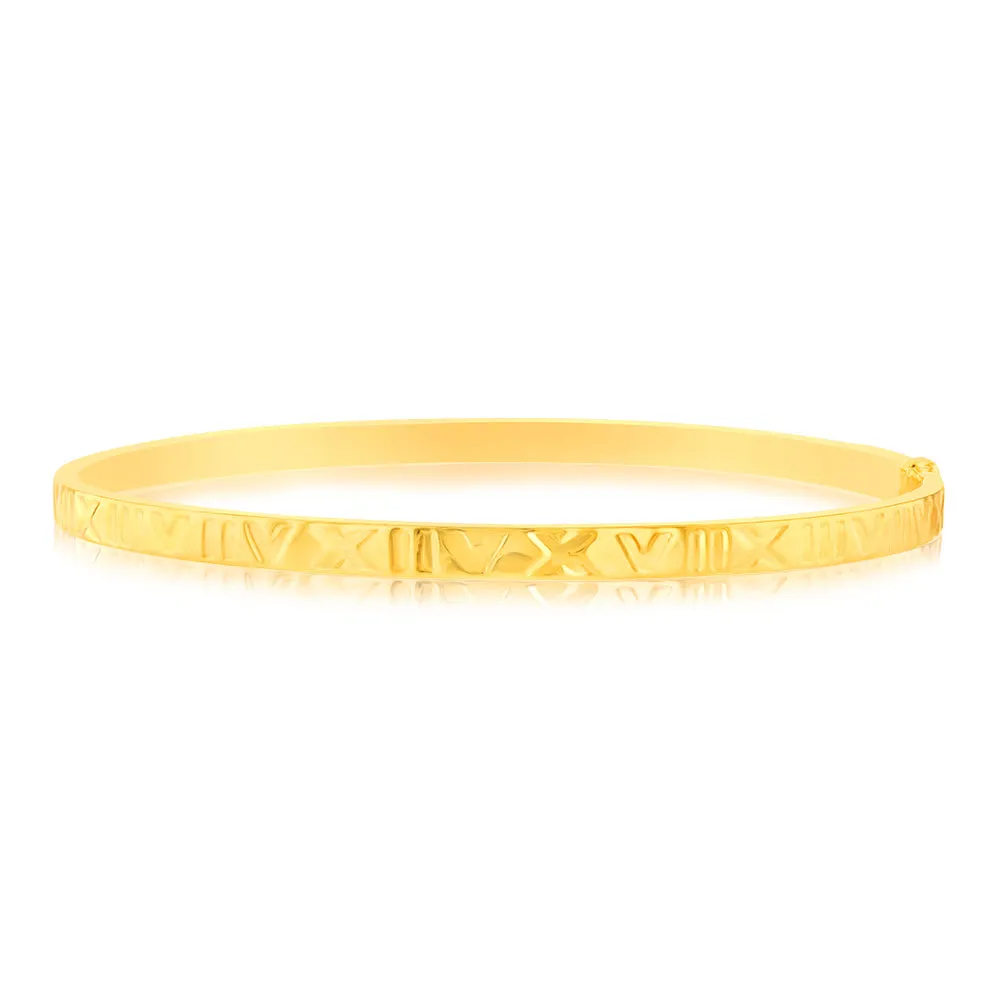 9ct Yellow Gold Silver filled 4mm Wide Roman Numeral 65mm Bangle