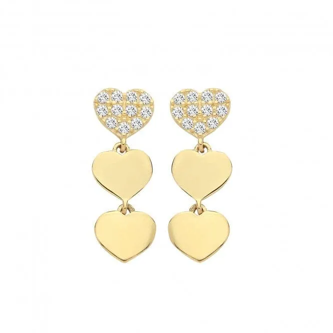 9ct Yellow Gold Zirconia Triple Heart Drop Earrings ES1629