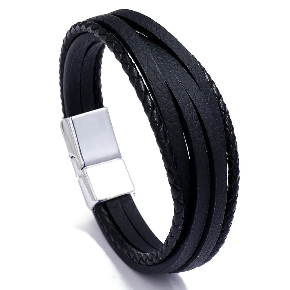 Accessories Multilayer Simple Weave Men's Leather Bracelet Magnet Buckle Imitation Cowhide Bracelet