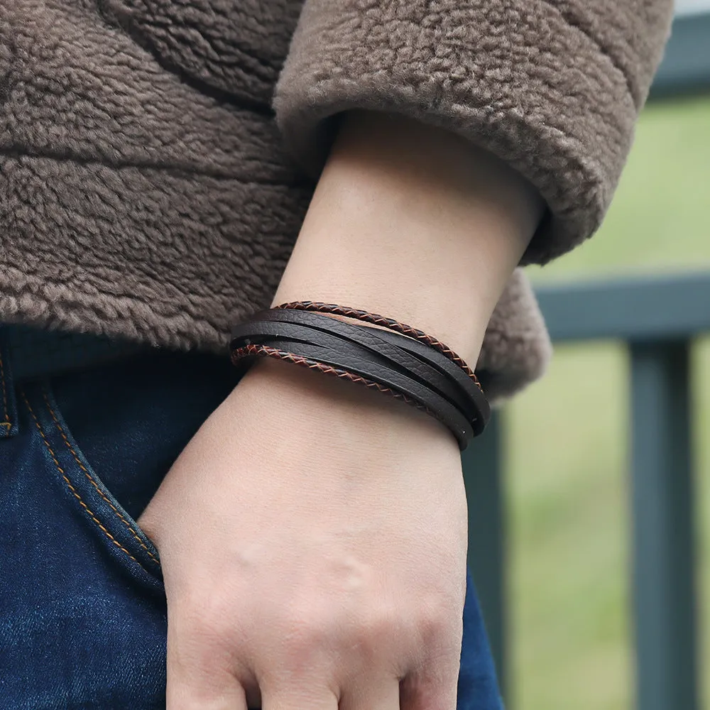 Accessories Multilayer Simple Weave Men's Leather Bracelet Magnet Buckle Imitation Cowhide Bracelet